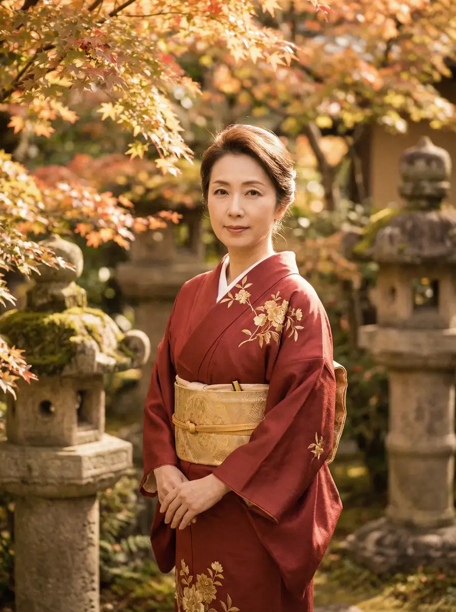 一位身穿暗红色和服的优雅 [国产51]国产51永久地址::精品国产51在线播放 在日式庭院中